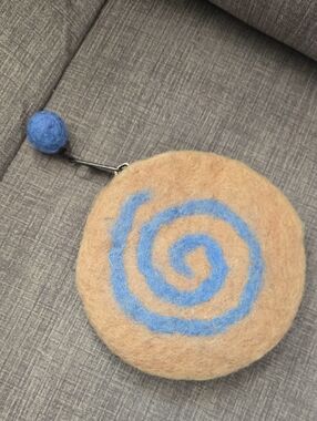 Beige Felt Coin Purse with Blue Spiral Accent